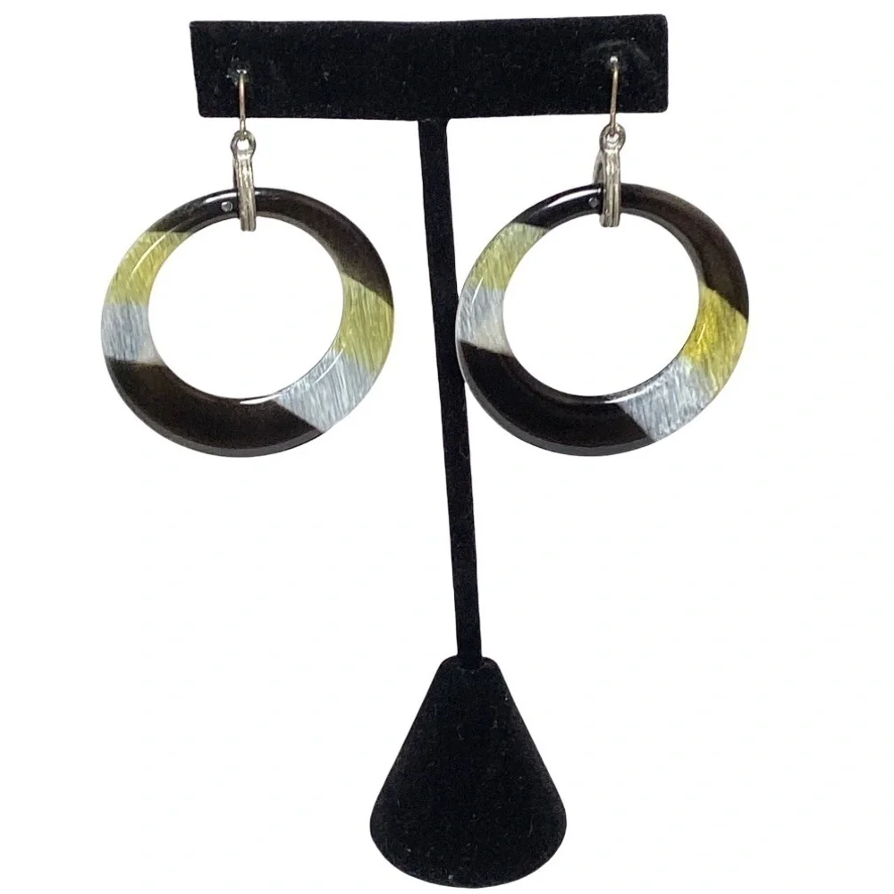 Acrylic Drop Hoop Earrings Silver Hook for Pierced Ears Black White Yellow
